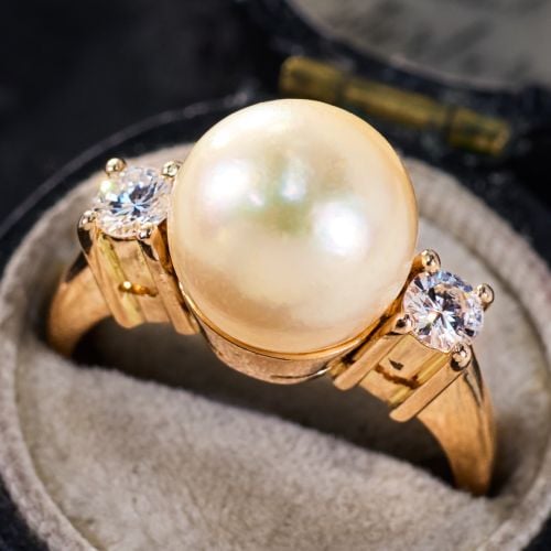 Golden Pearl & Diamond Ring 18K Yellow Gold