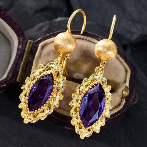 Lab Grown Purple Sapphire Dangle Earrings 18K Yellow Gold