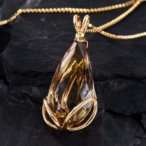 Pear Smoky Quartz Pendant Necklace 14K Yellow Gold