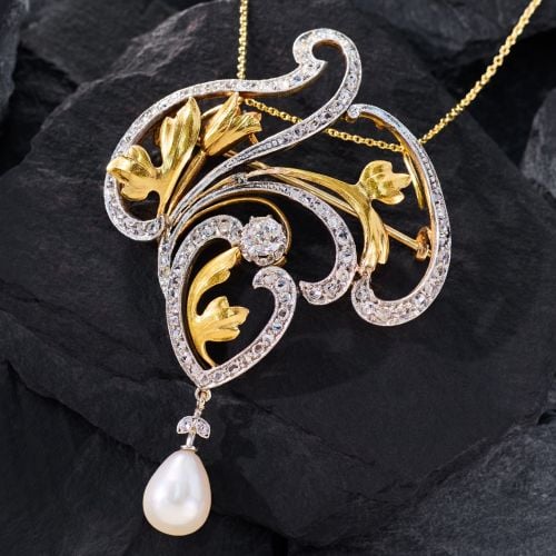 1910s Old European Cut Diamond & Pearl Brooch Pendant Necklace