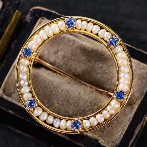 Seed Pearl & Sapphire Circle Brooch Pin Yellow Gold