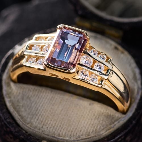 Purplish Pink Zircon Ring w/ Diamonds 14K Yellow Gold