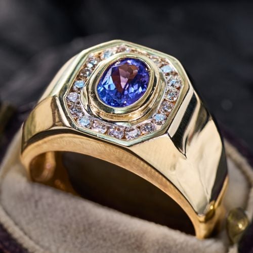 Oval Cut Tanzanite Men's Ring w/ Diamonds 14K Yellow Gold