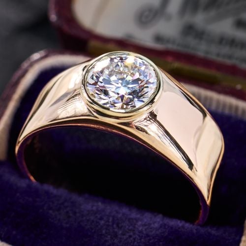 1.5+ Carat Lab Grown Diamond in 1950s 14K Yellow Gold Bezel Men's Ring