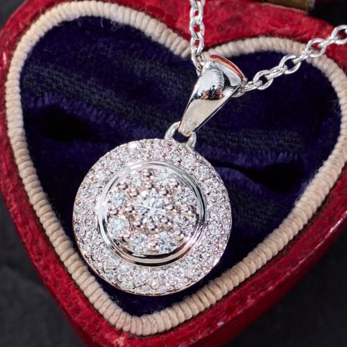 Circular Diamond Cluster Pendant Necklace 14K White Gold