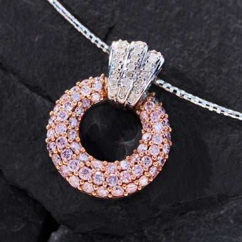 Pink Diamond Circle Pendant Necklace 14K White Gold