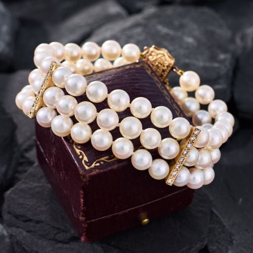 Three Row Akoya Pearl Bracelet 14K Yellow Gold  