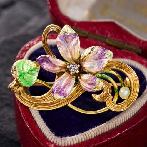 Art Nouveau Enamel Flower Pin Brooch 14K Yellow Gold