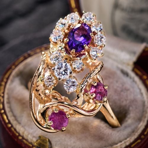 Amethyst Ruby & Diamond Freeform Ring 14K Yellow Gold