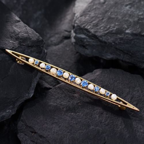 Antique Seed Pearl & Sapphire Bar Pin Brooch Yellow Gold