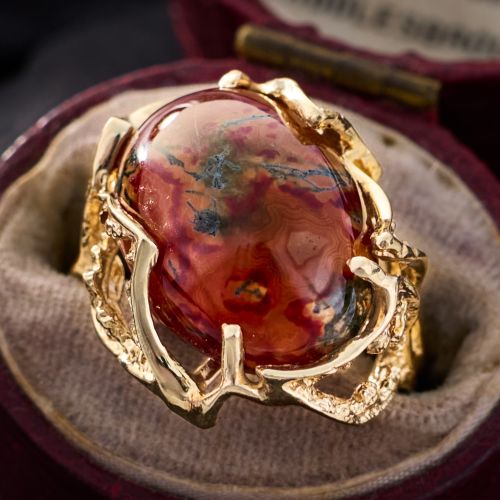 Oval Cabochon Moss Agate Ring 14K Yellow Gold