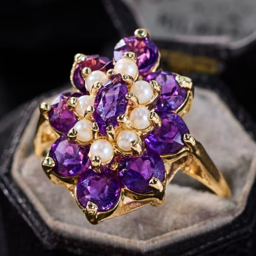 Pearl & Amethyst Cluster Ring 14K Yellow Gold