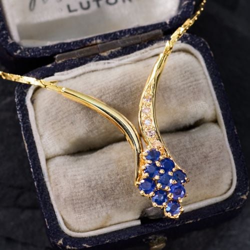 Sapphire Cluster Necklace w/ Diamond Accents 18K Yellow Gold