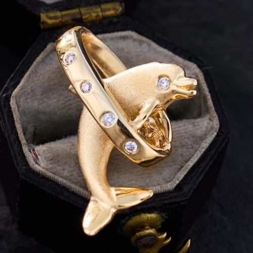 Jumping Dolphin Pendant w/ Diamonds 14K Yellow Gold