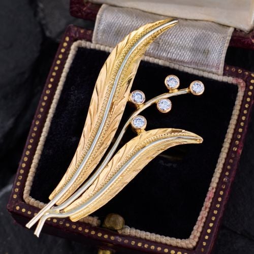 Vintage Botanical Diamond Brooch Pin 14K Two Tone Gold