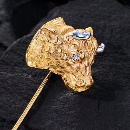 Antique Steer or Cow Diamond Stick Pin 18K Yellow Gold/ Platinum