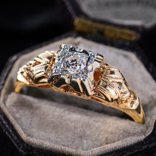 Vintage Old European Diamond Engagement Ring 14K Two Tone Gold .11Ct I/VS2