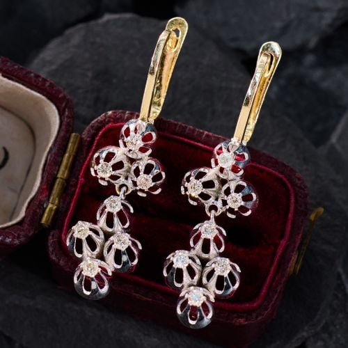Russian Hallmarked Diamond Dangle Earrings 14K Two Tone Gold