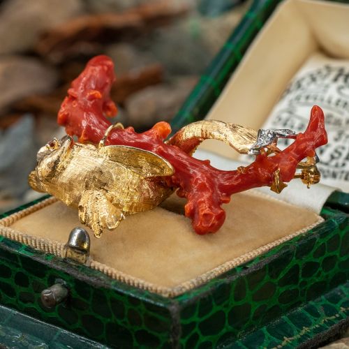 Fantastic Red Coral Fish Brooch Pin 14K Yellow Gold