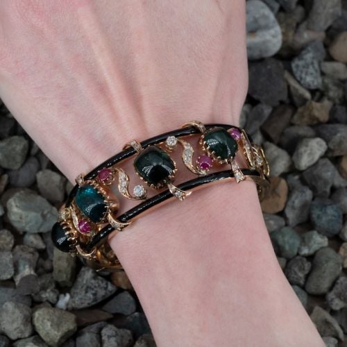 Late Victorian Tourmaline, Emerald, Ruby & Diamond Bangle Bracelet Yellow Gold