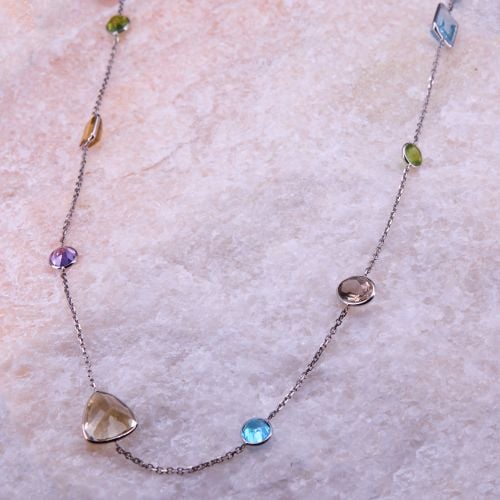 37 Inch Gemstone Station Necklace 14K White Gold