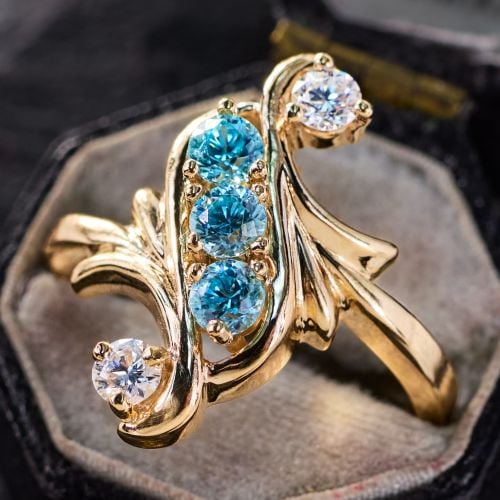 Blue Zircon Diamond Ring 14K Yellow Gold