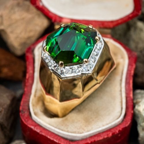 Freeform Step Cut Tourmaline & Diamond Cocktail Ring 18K Yellow Gold