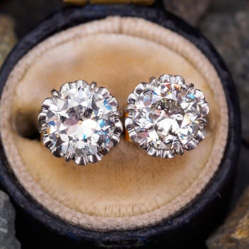 Vintage Diamond Stud Earrings Platinum & 18K Yellow Gold 