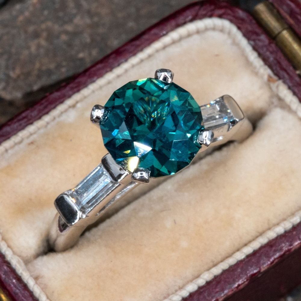 2.38 Carat No Heat Blue Green Sapphire Ring Platinum w/ Baguette Diamonds