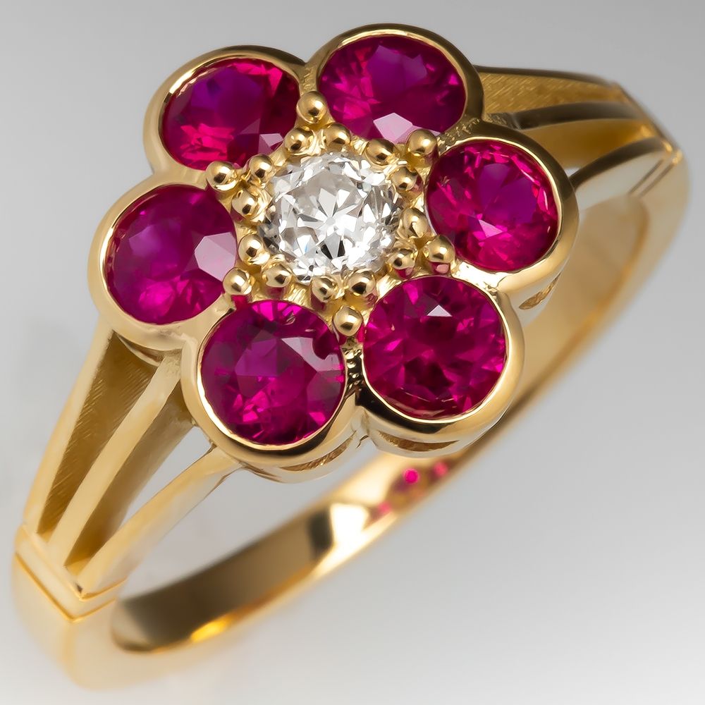 Ruby & Diamond Flower Ring 18K Yellow Gold .21ct I/SI2