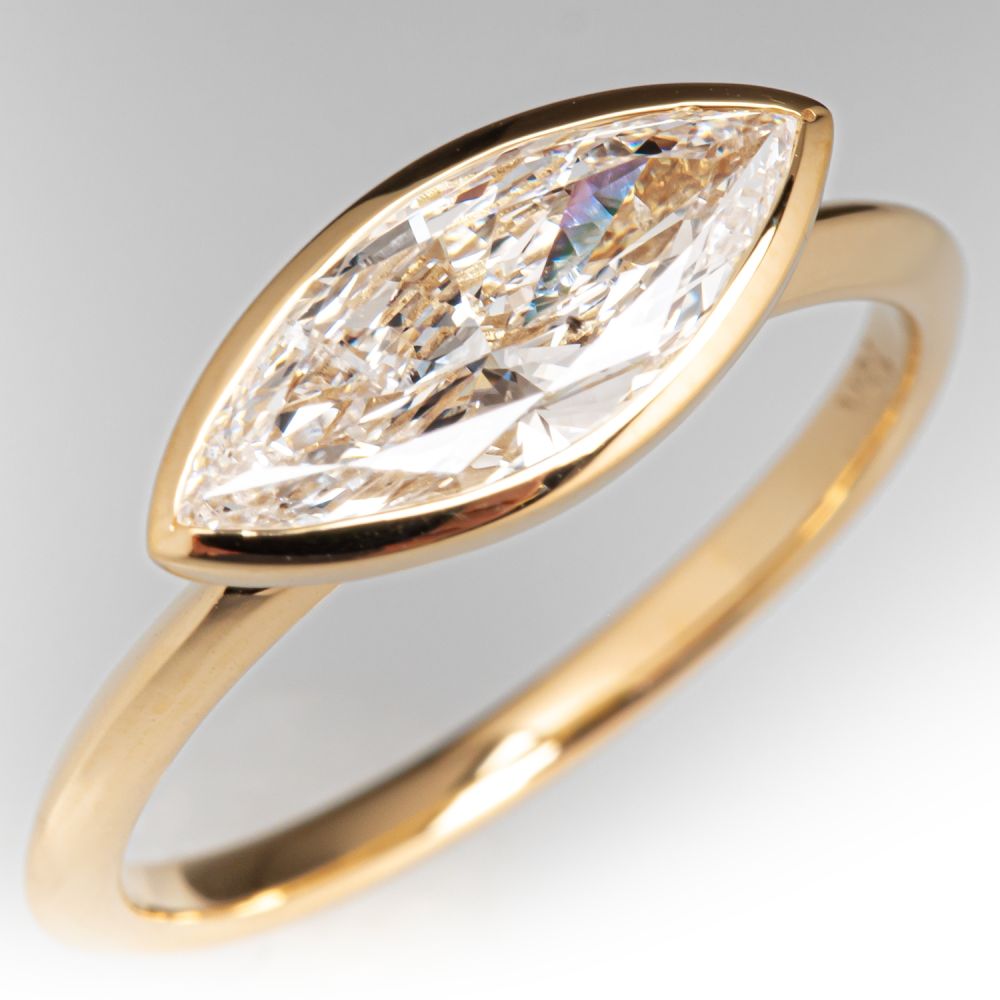 East to West Marquise Diamond Ring 18K Yellow Gold 1.11Ct I/I1 GIA