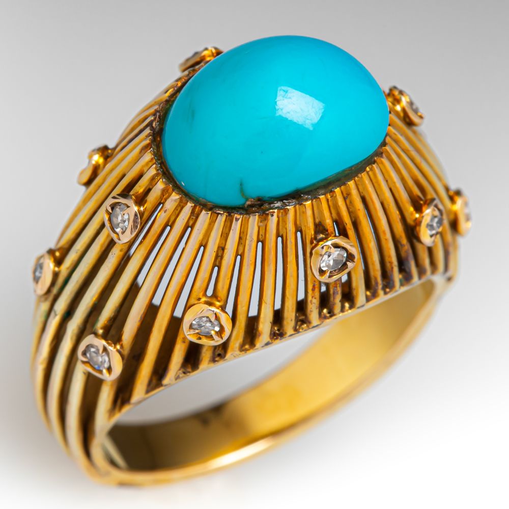 Vintage Style Mens Oval Turquoise Ring - Stainless Steel - Sizes 7-15