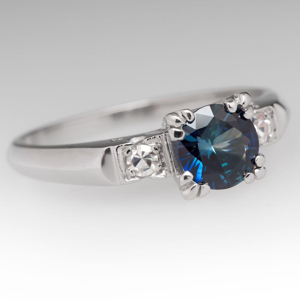 Rich Blue Sapphire & Diamond Platinum Engagement Ring 1950's Mounting