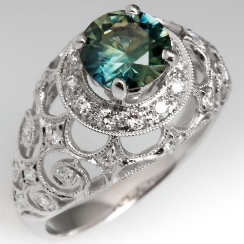 For Teacher Sarah - Blue Green Sapphire Ring with Beautiful Gallery 18K White Gold