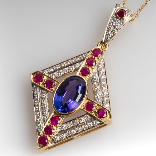 Stunning Tanzanite Ruby & Diamond Pendant Necklace 18K Yellow Gold