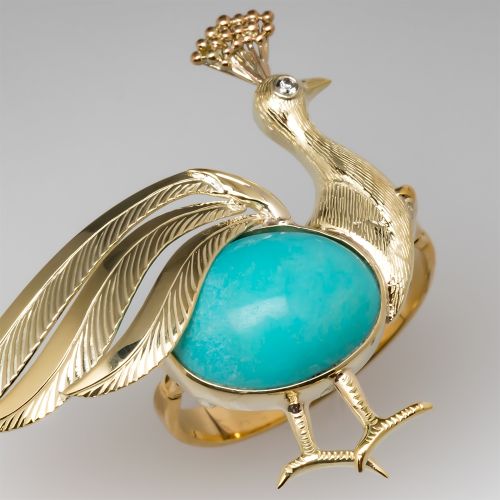Highly Detailed Peacock Ring Turquoise & Diamond 18K