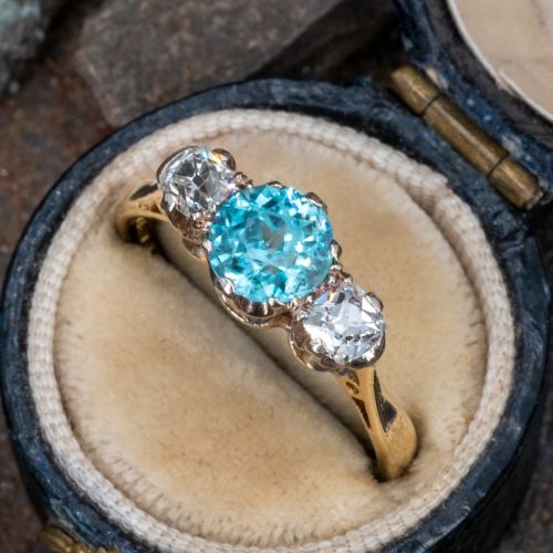 Natural Blue Zircon & Old Diamond Three Stone Ring 18K Gold 1981