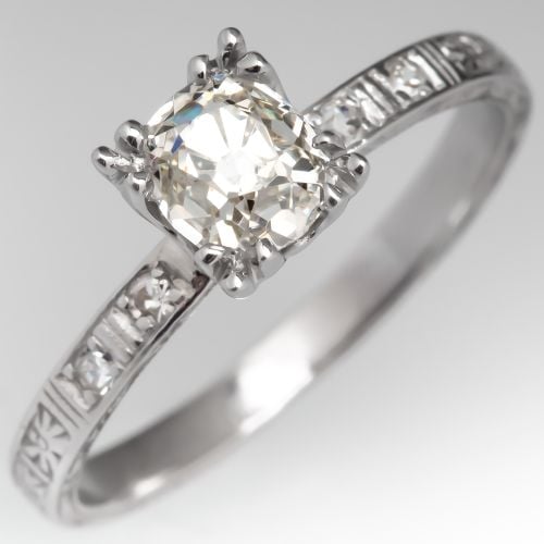 Old Mine Cut Diamond Engagement Ring Antique Engraved Band .73ct L/SI1 GIA
