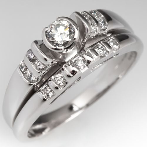 Diamond Engagement Ring Fused Wedding Set 14K White Gold .18ct F/VS1
