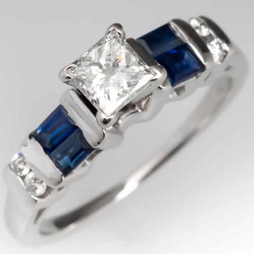 Princess Cut Diamond Engagement Ring w/ Sapphire Accents .48ct G/I1