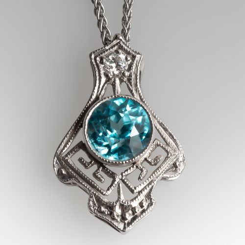 Gorgeous Vintage Blue Zircon & Diamond Pendant on Chain