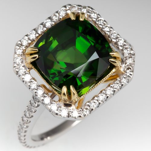 4 Carat Rich Green Tourmaline & Diamond Halo Ring 18K