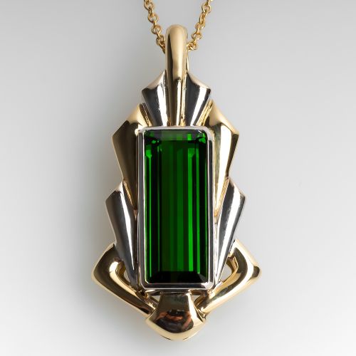 Large Emerald Cut Green Tourmaline Pendant Necklace 18K Gold
