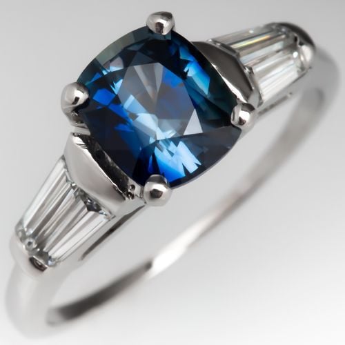 No Heat Cushion Cut Sapphire Ring w/ Baguette Diamonds Platinum