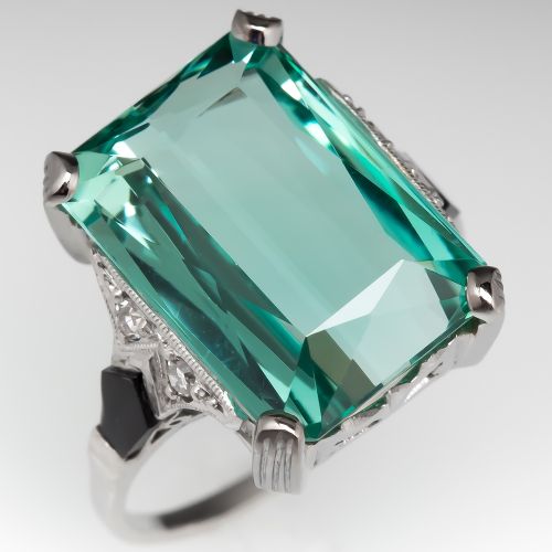 1920's Antique Cocktail Ring w/Blue Tourmaline Onyx & Diamond Platinum
