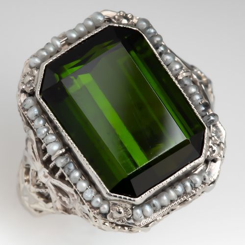 Vintage Green Tourmaline & Seed Pearl Filigree Ring 14K