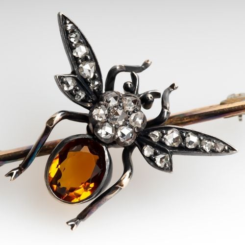 Antique Fly Insect Citrine & Rose Cut Diamond Brooch Pin