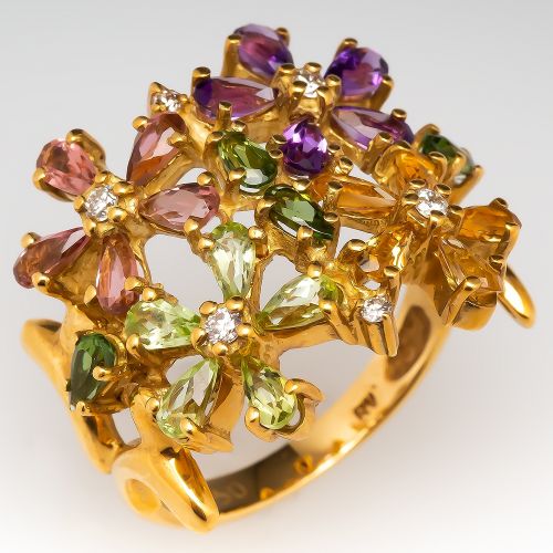 Vianna Floral Gemstone Ring Wide Band 18K Gold
