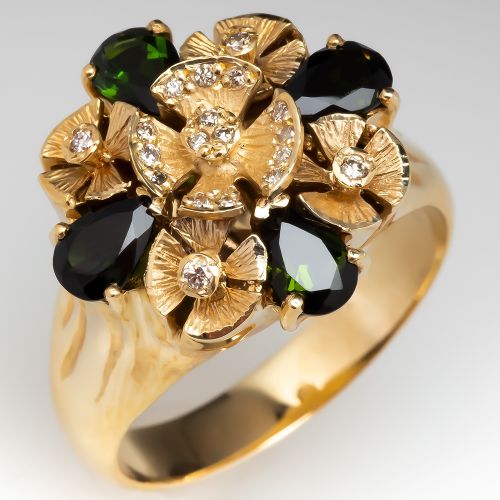 Vancox Brazil Green Tourmaline & Diamond Floral Cocktail Ring 14K Gold