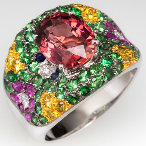 Floral Gemstone Cocktail Ring 14K Tourmaline Diamonds Garnets Sapphires